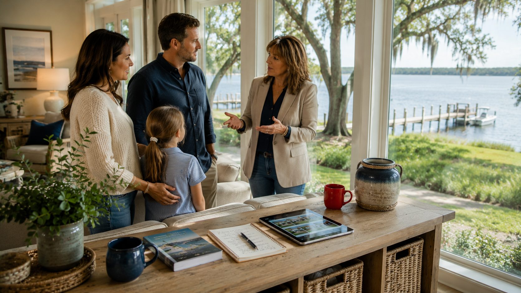 A Northwest Florida family and a trusted real estate advisor discuss a waterfront home's lifestyle and surroundings while overlooking a peaceful bay from inside the home.