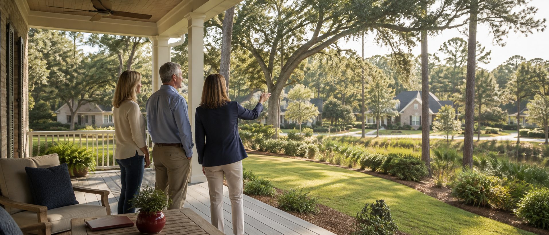 A couple and real estate advisor evaluate the lot and surroundings of a Northwest Florida home from its covered back porch.